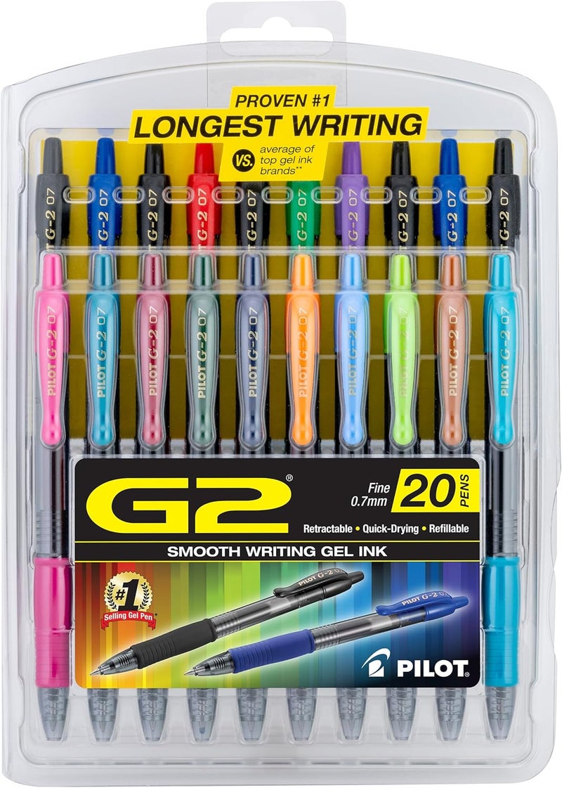 Pilot G2 Premium Gel Roller Pens, Fine Point 0.7 mm, Assorted Colors, Pack of 20 - Image 1