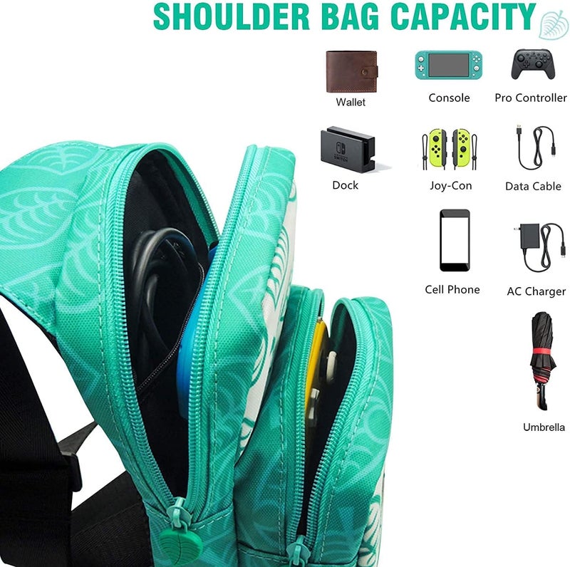 Zikra Cute Leaf Crossbody Bag, Crossing Shoulder Backpack Compatible with Switch Lite, Nylon Waterproof Travel Storage Bag for Nintendo Console, Dock, Joycons, Accessories - Image 2