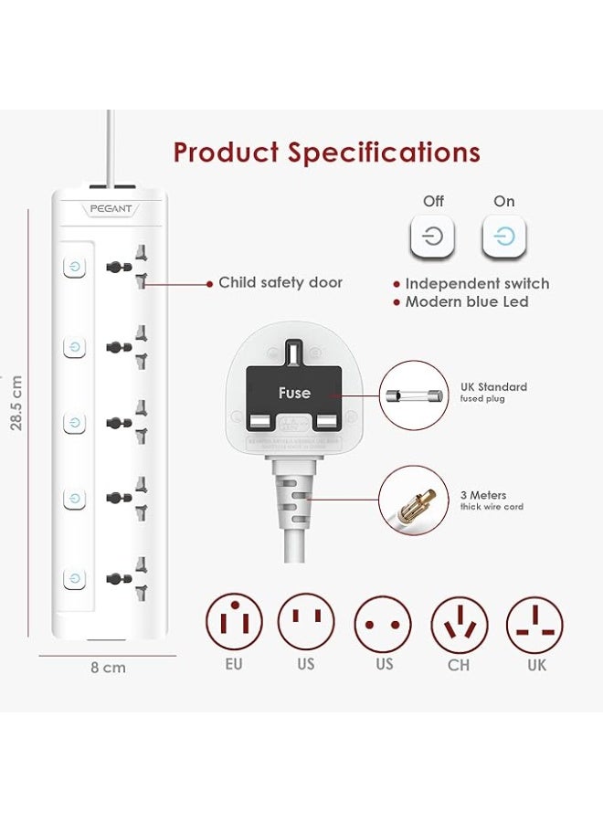 PEGANT 5 Way 3M Power Extension Cord 5 Universal Outlets Electrical Strip UK Plug 3 Meters Cable 250V 2500W Surge Protector (5 Way 3M)  - Image 5