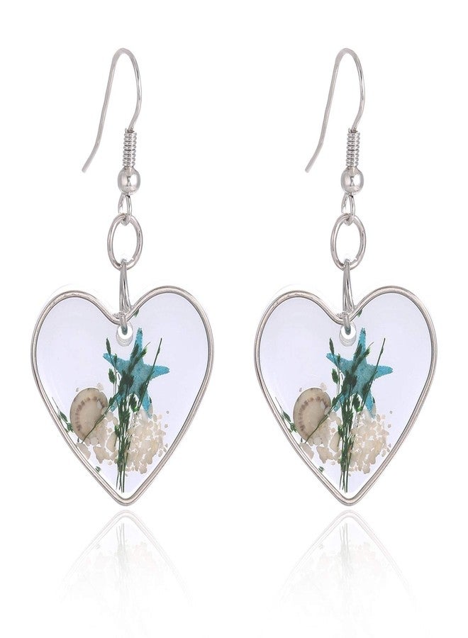 FM FM42 Silver-tone Blue Starfish Seashell Pressed Flower Small Heart Drop Dangle Hook Earrings FE2081 - Image 3