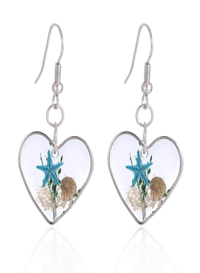 FM FM42 Silver-tone Blue Starfish Seashell Pressed Flower Small Heart Drop Dangle Hook Earrings FE2081 - Image 1