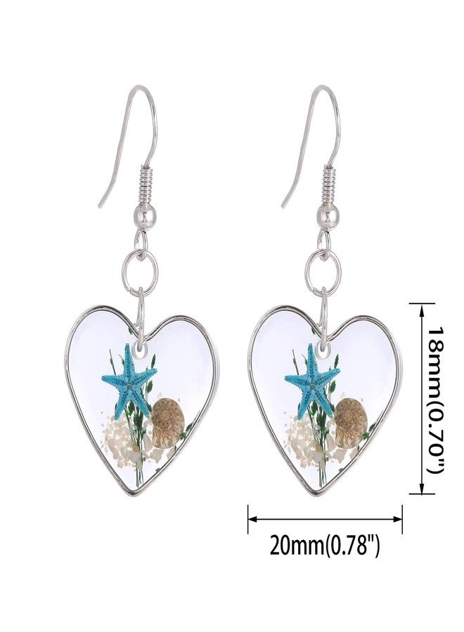 FM FM42 Silver-tone Blue Starfish Seashell Pressed Flower Small Heart Drop Dangle Hook Earrings FE2081 - Image 2