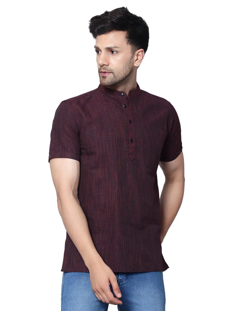 LATEST CHIKAN Men's Cotton Blend Regular Textured Short Kurta Half Sleeves - Casual Ethnic Wear -SK-DBL-M-44 Maroon - Image 1