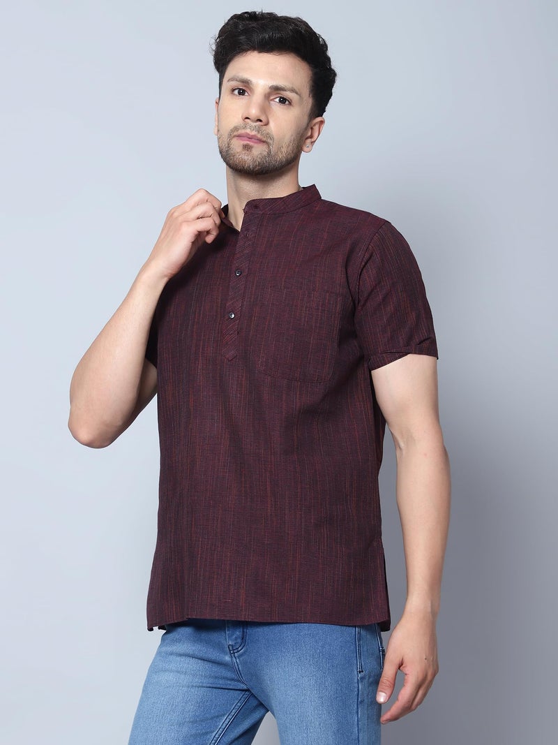 LATEST CHIKAN Men's Cotton Blend Regular Textured Short Kurta Half Sleeves - Casual Ethnic Wear -SK-DBL-M-44 Maroon - Image 4