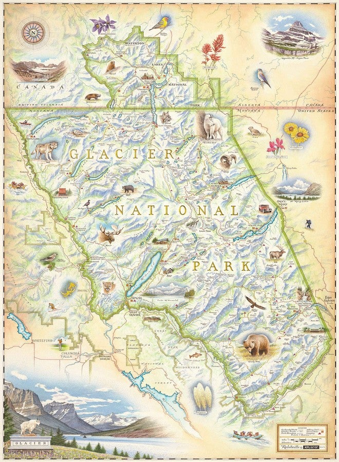 Xplorer Maps Glacier National Park Hand-Drawn Map - 24x18 Vintage-Style Lithographic Print - Made in USA - Image 1