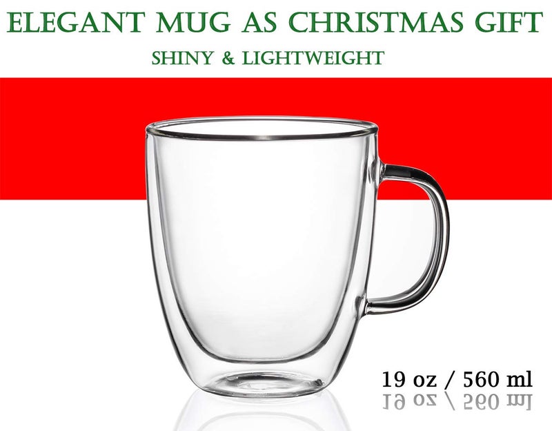 BothEarn Glass Coffee Mug Set of 2 - Double Wall Clear Espresso Cup with Large Handle, Great for Latte, Cappuccino and Juice, 19 Ounce (560 ml), BE026 - Image 3