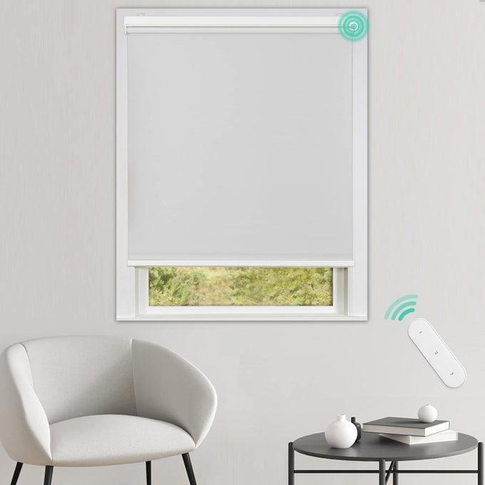 MOTORIZED ROLLER BLINDS WITH REMOTE CONTROL FOR WINDOWS BLACKOUT SMART ROLLER SHADE BATTERY POWERED ELECTRIC SMART BLIND WHITEH72 X W31