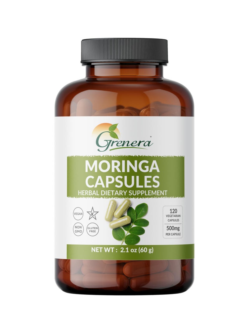 Grenera Moringa Capsules 120 nos 100 Pure Single Origin Moringa Oleifera Leaf Powder Malunggay Pills Supplement for Energy Metabolism Immune Support