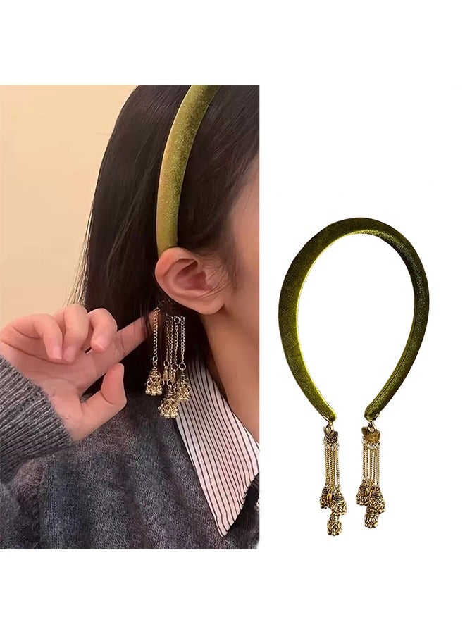 Green Elegant Ladies Headband Anti Slip Fashion Wide Hair Strap Ladies Thin Thick Hair Designer Headband Elastic Headband Green Velvet Tassel Headband for Mother's Day Gifts. - Image 1