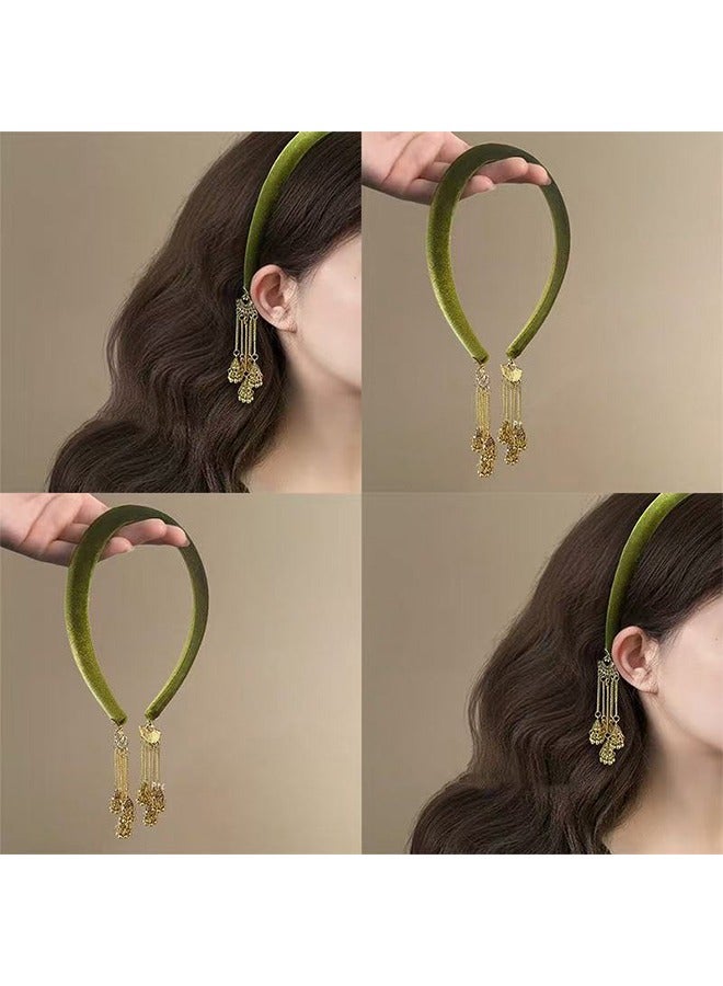 Green Elegant Ladies Headband Anti Slip Fashion Wide Hair Strap Ladies Thin Thick Hair Designer Headband Elastic Headband Green Velvet Tassel Headband for Mother's Day Gifts. - Image 2