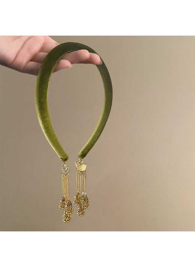 Green Elegant Ladies Headband Anti Slip Fashion Wide Hair Strap Ladies Thin Thick Hair Designer Headband Elastic Headband Green Velvet Tassel Headband for Mother's Day Gifts. - Image 5