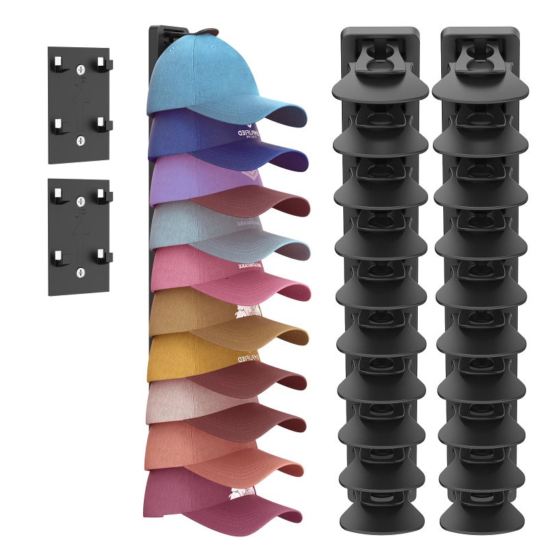 HeQe Hat Organizer for Baseball Caps 2 Pack, Adhesive Hat Rack for Wall, Baseball Cap Organizer (Black) - Image 1