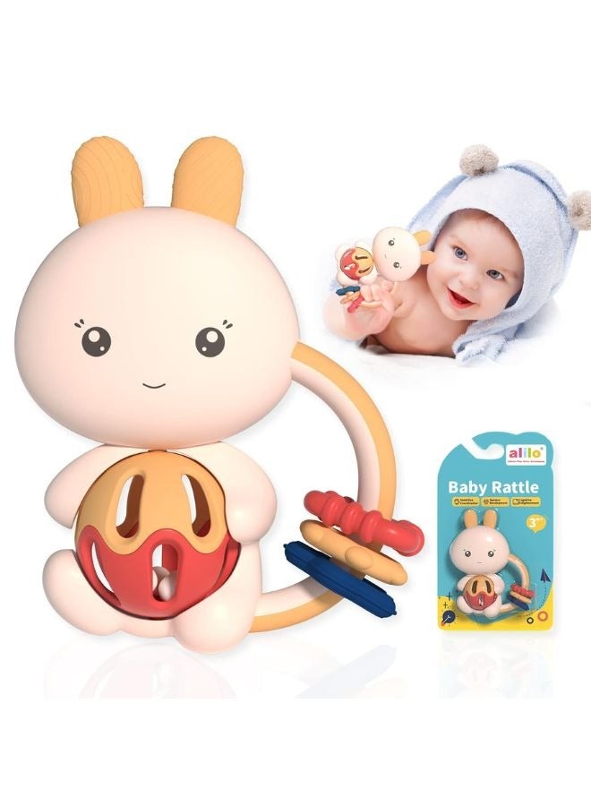 alilo Baby Rabbit Shape Teether Rattle Toy for Newborn Baby Rattles Chew Toys, Sensory Montessori Toy Infant Teething Relief Teether Travel Toy for Infants Toddlers Boys Girls Baby Best Gift 3+ Months Old - Image 2