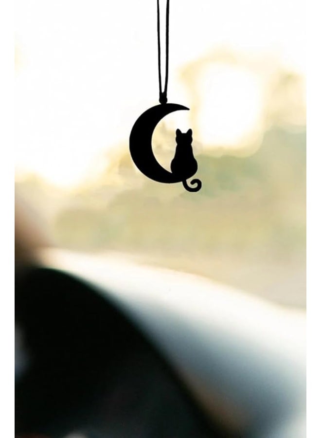 MIRFA Rearview Mirror Hanging Pendant - Wood - Black (Cat On Crescent) - Image 1