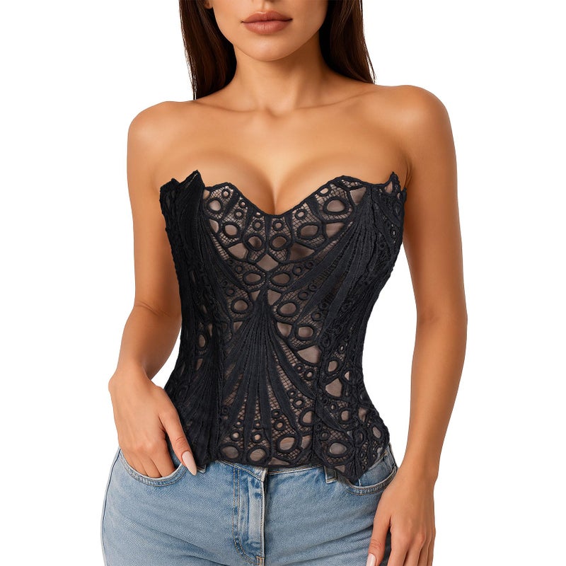 LEACOOLKEY Lacework Corset Top for Women Sexy Textured Sheer Floral Lace Bustier Going Out Lace-up Corset Overbust Top - Image 1