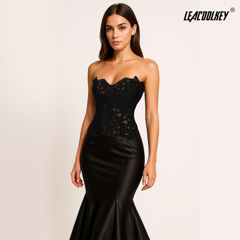 LEACOOLKEY Lacework Corset Top for Women Sexy Textured Sheer Floral Lace Bustier Going Out Lace-up Corset Overbust Top - Image 4