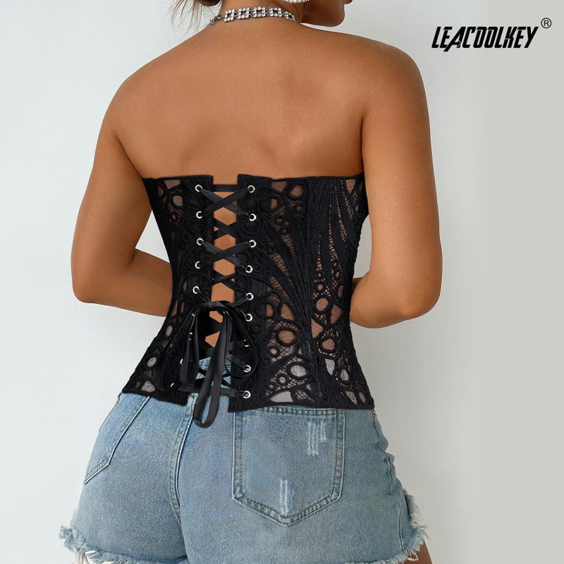 LEACOOLKEY Lacework Corset Top for Women Sexy Textured Sheer Floral Lace Bustier Going Out Lace-up Corset Overbust Top - Image 5