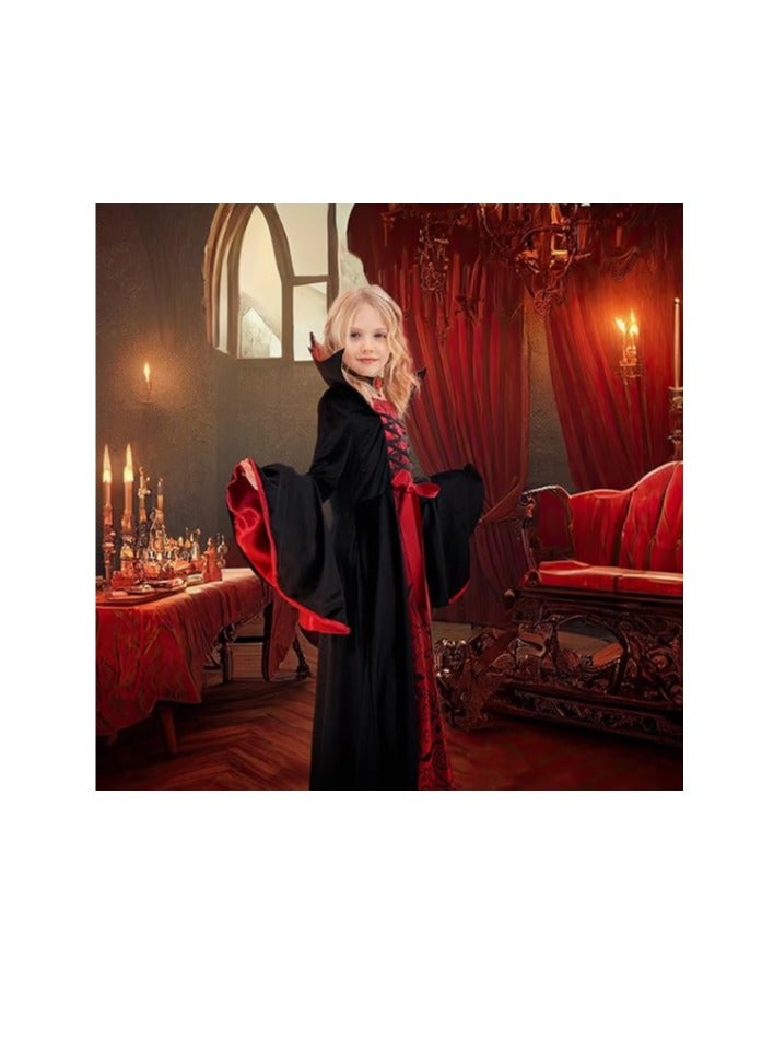 Vampire Costume for Kids, Royal Vampire Costume for Girls, Halloween Gothic Vampire Set, Vampire Party Fancy Dress with Vampire Teeth, Scar Tattoo and Necklace（M） - Image 1