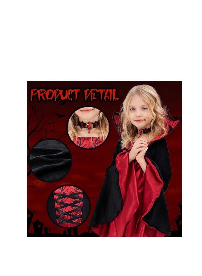 Vampire Costume for Kids, Royal Vampire Costume for Girls, Halloween Gothic Vampire Set, Vampire Party Fancy Dress with Vampire Teeth, Scar Tattoo and Necklace（M） - Image 3