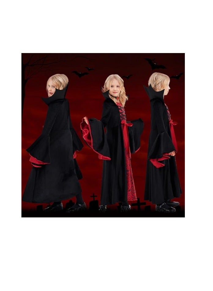 Vampire Costume for Kids, Royal Vampire Costume for Girls, Halloween Gothic Vampire Set, Vampire Party Fancy Dress with Vampire Teeth, Scar Tattoo and Necklace（M） - Image 4