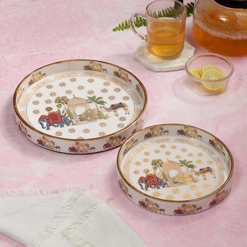 DULI Set of 2 MDF Wood Trays Enamel Coated| Round Trays Set of 2 | Serving Trays | Wooden Tray | Kitchen&Dining Decorative | Resin Tray | 7x7, 9 x 9 inches (SmSetof2Rd-CamelElephant) - Image 2