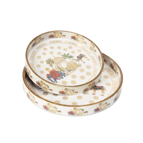 DULI Set of 2 MDF Wood Trays Enamel Coated| Round Trays Set of 2 | Serving Trays | Wooden Tray | Kitchen&Dining Decorative | Resin Tray | 7x7, 9 x 9 inches (SmSetof2Rd-CamelElephant) - Image 1