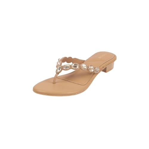 Mochi Women's Antique Gold Faux Leather Stone Embellished Low Heel Party Ethnic Chappal UK/3 EU/36 (35-1636) - Image 1
