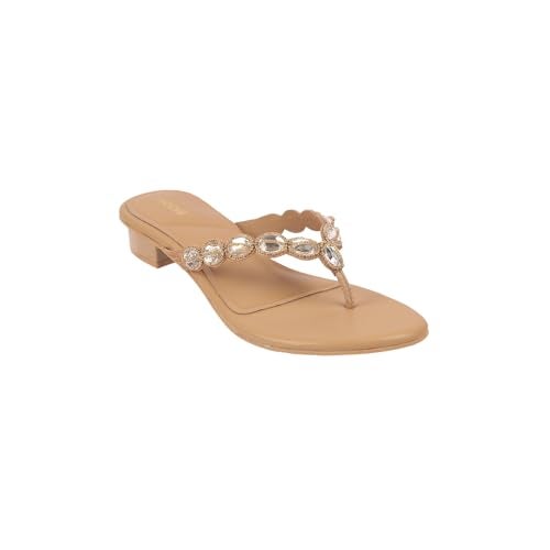 Mochi Women's Antique Gold Faux Leather Stone Embellished Low Heel Party Ethnic Chappal UK/3 EU/36 (35-1636) - Image 3