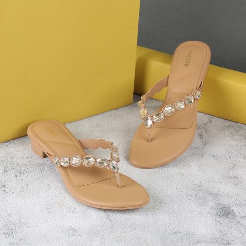 Mochi Women's Antique Gold Faux Leather Stone Embellished Low Heel Party Ethnic Chappal UK/3 EU/36 (35-1636) - Image 2