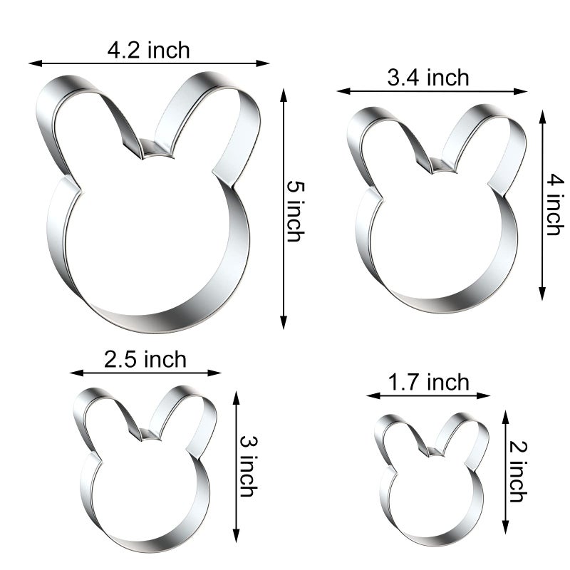 QAAQS Bunny Cookie Cutter Set Large - 5", 4", 3", 2" - 4 Piece Easter Bunny Rabbit Hare Head Face Shaped Cookie Cutters - Stainless Steel - Image 2