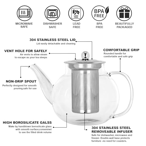 TECOHORS Long-Mouth Glass Teapot 34oz/1000ml with Removable Loose Tea Infuse - Glass Tea Kettle for Stove Top Removable Stainless Steel Strainer, Microwave & Dishwasher Safe, Tea Maker - Image 2