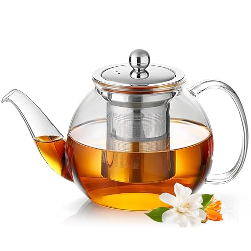 TECOHORS Long-Mouth Glass Teapot 34oz/1000ml with Removable Loose Tea Infuse - Glass Tea Kettle for Stove Top Removable Stainless Steel Strainer, Microwave & Dishwasher Safe, Tea Maker - Image 1