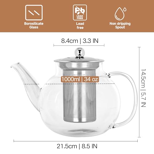 TECOHORS Long-Mouth Glass Teapot 34oz/1000ml with Removable Loose Tea Infuse - Glass Tea Kettle for Stove Top Removable Stainless Steel Strainer, Microwave & Dishwasher Safe, Tea Maker - Image 3