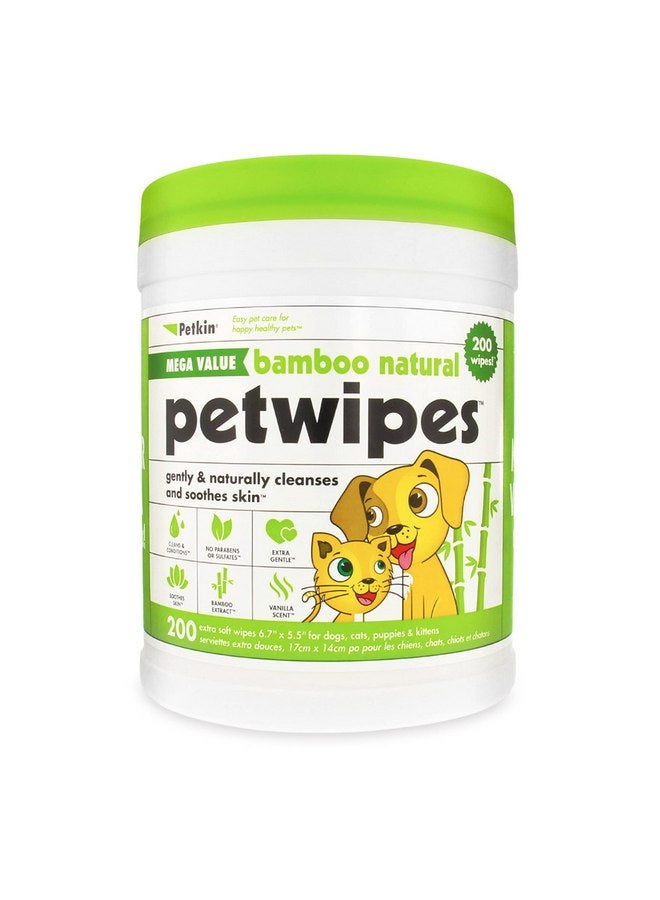 بيتكين مناديل Petkin Mega PetWipes، 200 منديل - مناديل من الخيزران للحيوانات الأليفة للكلاب والقطط - للوجه والكفوف والأذنين والجسم ومنطقة العين - مناديل تنظيف الكلاب فائقة الراحة، مثالية للمنزل أو السفر - سهلة الاستخدام - Image 1