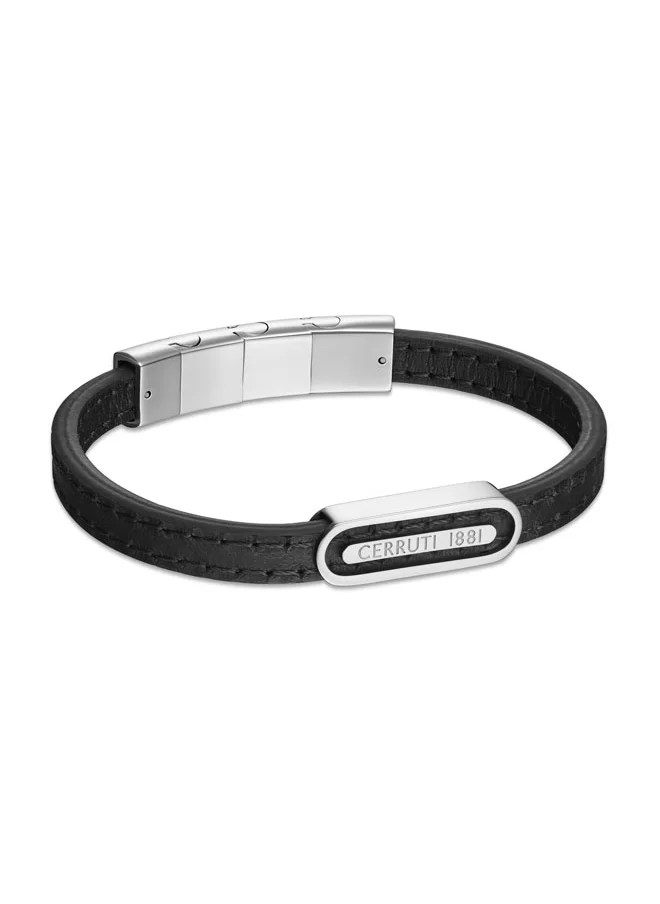 CERRUTI 1881 Ettore Black Flat Leather and Stainless Steel Center Motif Bracelet for Men