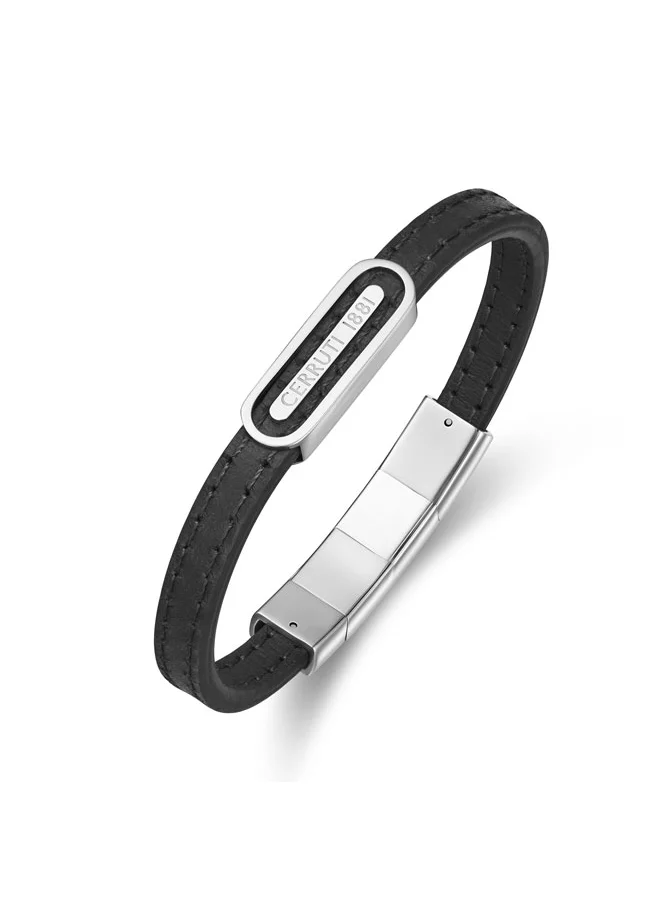 CERRUTI 1881 Ettore Black Flat Leather and Stainless Steel Center Motif Bracelet for Men