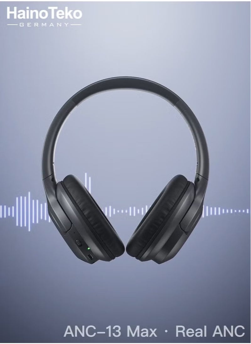 ANC-13 Max Wireless Bluetooth Headphones with Real Active Noise Cancellation, High-Resolution Audio, Multi-Functional Button Control, Comfortable & Stylish Design Black