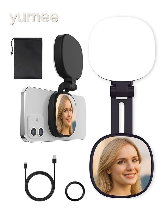 يمي ضوء سيلفي مغناطيسي متوافق مع أجهزة iPhone و Android، ضوء ملء LED قابل لإعادة الشحن وقابل للطي مع مرآة/حامل، ضوء هاتف محمول للمكياج والتصوير الفوتوغرافي و TikTok ومكالمات Zoom، أسود - Image 1