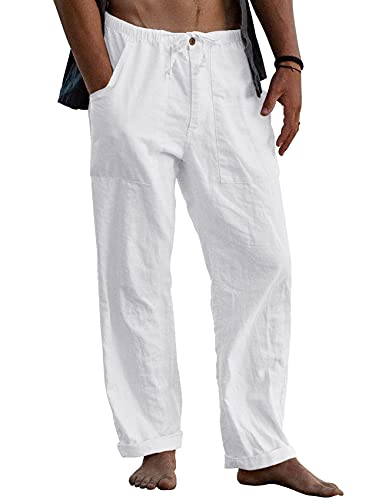 Gafeng Mens Linen Pants Yoga Beach Loose Fit Casual Summer Elastic Waist Drawstring Baggy Trousers with Pockets White - Image 1