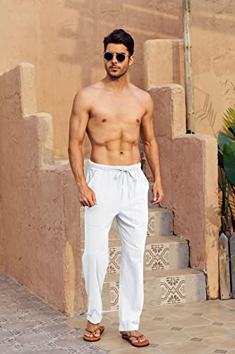 Gafeng Mens Linen Pants Yoga Beach Loose Fit Casual Summer Elastic Waist Drawstring Baggy Trousers with Pockets White - Image 2