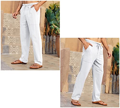 Gafeng Mens Linen Pants Yoga Beach Loose Fit Casual Summer Elastic Waist Drawstring Baggy Trousers with Pockets White - Image 3