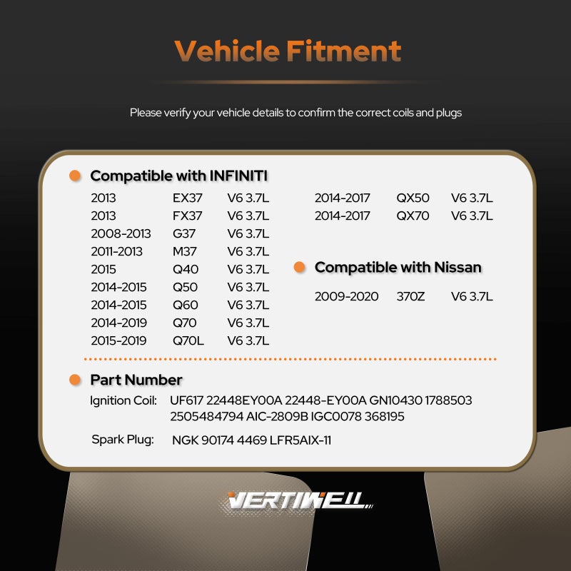 Vertiwell Set of 6 Ignition Coil Pack and Iridium Platinum Spark Plugs Compatible with Nissan 370Z INFINITI G37 Q50 Q60 Q70 Q70L QX50 QX70 M37 EX37 FX37 Q40 2008-2017 2018 2019 2020 3.7 V6 Replaces UF617 90174 - Image 5