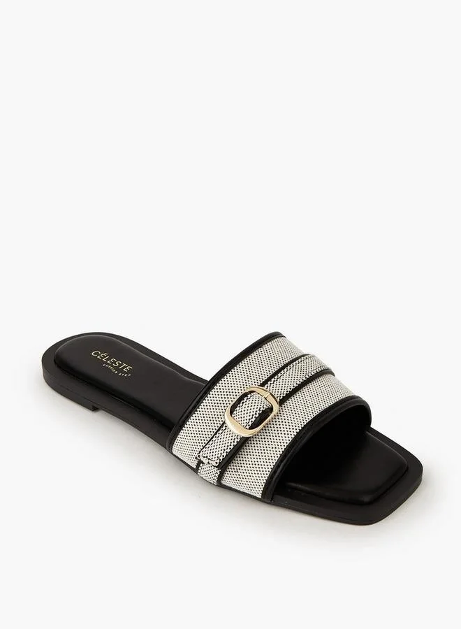Celeste BLACK Women Textured Buckle Detail Flat Sandals for Women | Best Price UAE