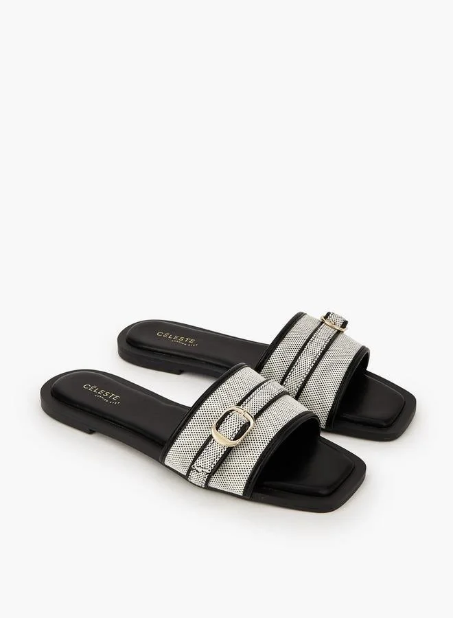 Celeste BLACK Women Textured Buckle Detail Flat Sandals for Women | Best Price UAE