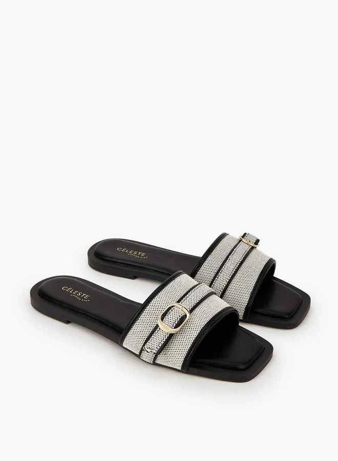 Celeste Women Textured Buckle Detail Flat Sandals