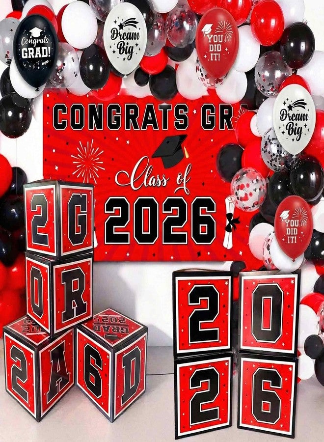 Amplov Apmlov Graduation Decorations Class of 2025-72 pcs Red, Black, and White Graduation Party Supplies | Balloon Arch Kit, Balloon Boxes, Grad Banner for High School College Graduation Party Decor - Image 1