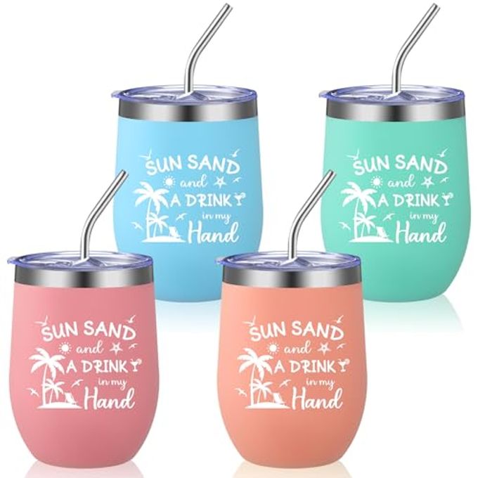 Patelai 4 Pcs Beach Girls Trip Tumbler Cups for Women Summer Beach Trip Gifts Favors Travel Gifts 12oz Vacation Cups for Friend Sister Vacation Organization(Sunsand Drink)