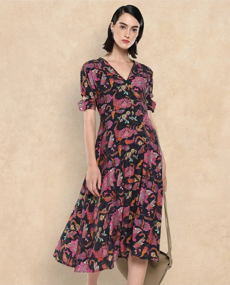 ريريزم Women's Abstract Print Midi Dress
