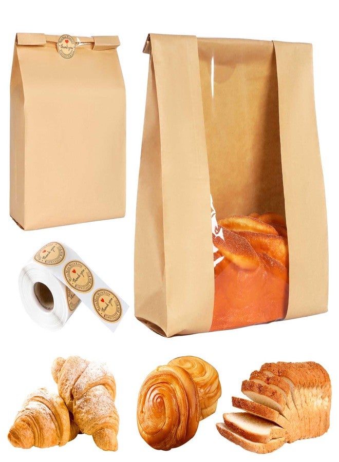 Dualshine 100 Pack Large Kraft Bread Bags with Window Bread Bags for Homemade Bread Sourdough and 500 Pcs Seal Stickers Bakery Food Packaging Storage Cookie Bag Bread （14" x 8.3" x 3.3"） - Image 1
