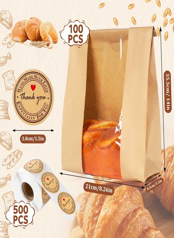 Dualshine 100 Pack Large Kraft Bread Bags with Window Bread Bags for Homemade Bread Sourdough and 500 Pcs Seal Stickers Bakery Food Packaging Storage Cookie Bag Bread （14" x 8.3" x 3.3"） - Image 2